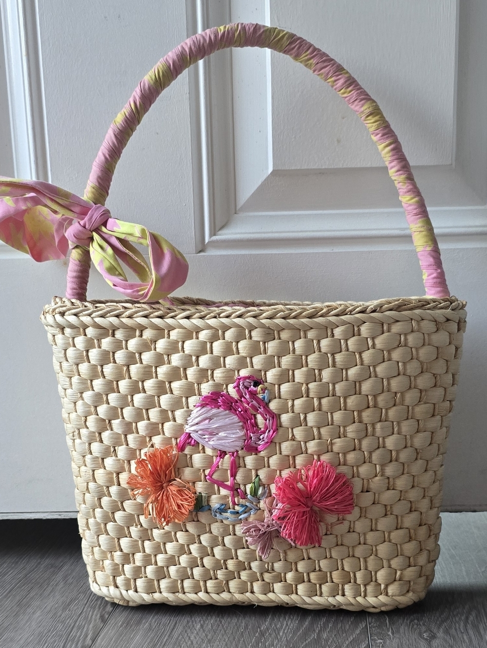 Straw Basket Bag Flamingo Embroidered Raffia Pom Pom Trop Pink Cotton Lined